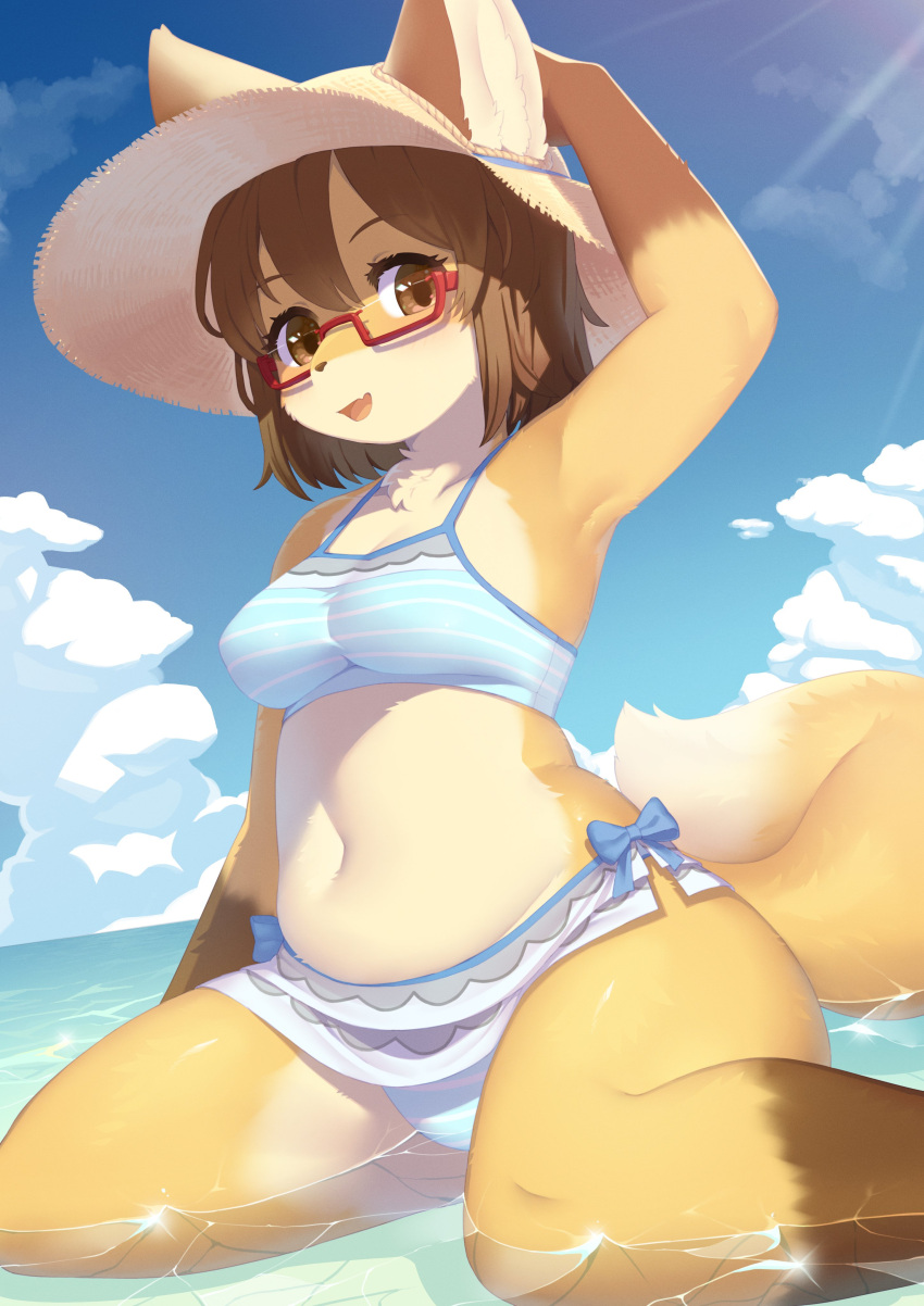 2022 848siba absurd_res anthro bikini blush breasts brown_body brown_fur brown_hair brown_nose canid canine clothed clothing cloud countershading cute_fangs day dipstick_tail eyelashes eyewear female female_anthro fox fur furgonomics glasses gloves_(marking) hair happy hat headgear headwear hi_res kemono leg_markings looking_at_viewer low-angle_view mammal markings midriff multicolored_body multicolored_fur navel open_mouth open_smile outside partially_submerged pattern_bikini pattern_clothing pattern_swimwear raised_arm sea short_hair sitting sky smile smiling_at_viewer socks_(marking) solo striped_bikini striped_clothing striped_swimwear stripes swimwear tail_markings tongue two_tone_tail wariza water white_body white_fur yellow_body yellow_fur