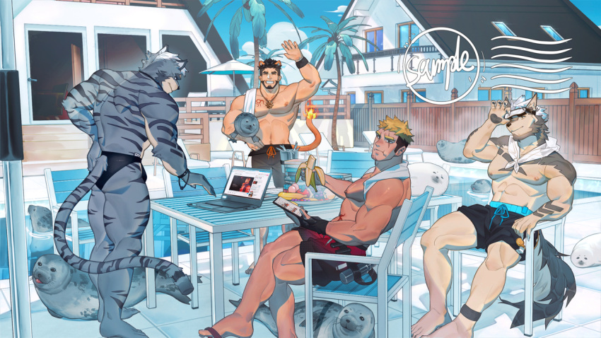 3boys adjusting_goggles alca_(wakatanka4) animal animal_ears banana bara beenic black_gloves black_hair black_male_swimwear blonde_hair closed_eyes cloud computer day eating facial_hair fingerless_gloves food fruit furry furry_with_non-furry gloves goggles gyee holding holding_food holding_fruit holding_phone interspecies laptop large_pectorals lion_boy lion_ears lion_tail male_focus male_swimwear mixiaomoyuwangdamo_(weibo6379264695) multiple_boys muscular muscular_male navel nipples outdoors pectorals phone red_male_swimwear romg seal_(animal) short_hair sitting smile stomach_tattoo swim_briefs tail tattoo teeth topless_male towel towel_around_neck towel_on_one_shoulder undercut wristband
