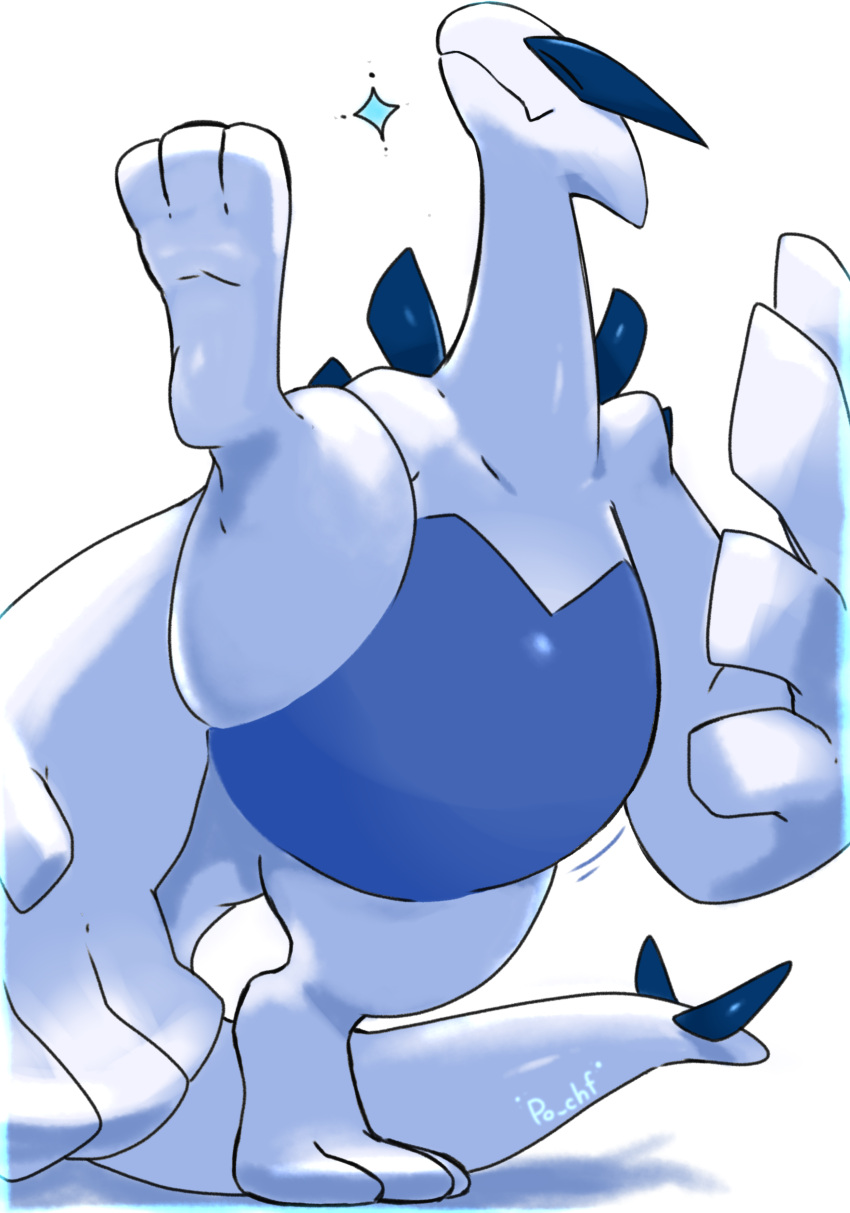 2020 absurd_res ambiguous_gender avian belly big_hands blue_belly eyes_closed feral hi_res legendary_pok&eacute;mon lugia multicolored_body nintendo on_one_leg po_chf pok&eacute;mon pok&eacute;mon_(species) raised_leg simple_background smile smooth_skin solo standing two_tone_body video_games watermark white_background white_body