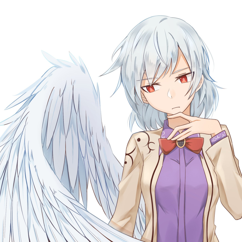 1girl angel_wings bangs bow bowtie braid breasts bright_pupils brooch brown_jacket chinese_commentary closed_mouth commentary_request dress feathered_wings grey_hair hair_between_eyes highres idaku jacket jewelry kishin_sagume long_sleeves looking_to_the_side medium_breasts purple_dress red_bow red_bowtie red_eyes short_hair simple_background single_wing solo touhou upper_body white_background wings