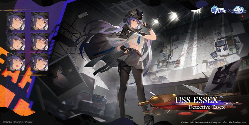 :d artist_request azur_lane bunker_hill_(azur_lane) character_name character_request cheshire_(azur_lane) commentary commentary_request english_commentary essex_(azur_lane) essex_(detective_essex)_(azur_lane) expressions fingerless_gloves gloves hat highres holster long_hair looking_at_viewer midriff multiple_girls official_art pantyhose photo_(object) pleated_skirt purple_hair red_eyes skirt smile thigh_holster twintails yostar