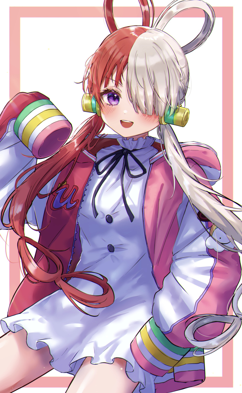 1girl :d absurdres bangs black_ribbon blush buttons commentary cowboy_shot dress eyelashes floating_hair frilled_dress frills hair_over_one_eye hair_rings hand_up headphones highres hood hood_down hooded_jacket jacket long_hair long_sleeves looking_at_viewer low_twintails multicolored_clothes multicolored_hair neck_ribbon one_eye_covered one_piece one_piece:_film_red open_clothes open_jacket open_mouth oversized_clothes pink_jacket puffy_long_sleeves puffy_sleeves purple_eyes red_hair ribbon shinzousan sidelocks sleeves_past_fingers sleeves_past_wrists smile solo split-color_hair standing teeth twintails two-tone_background two-tone_hair upper_teeth uta_(one_piece) white_background white_dress white_hair white_jacket