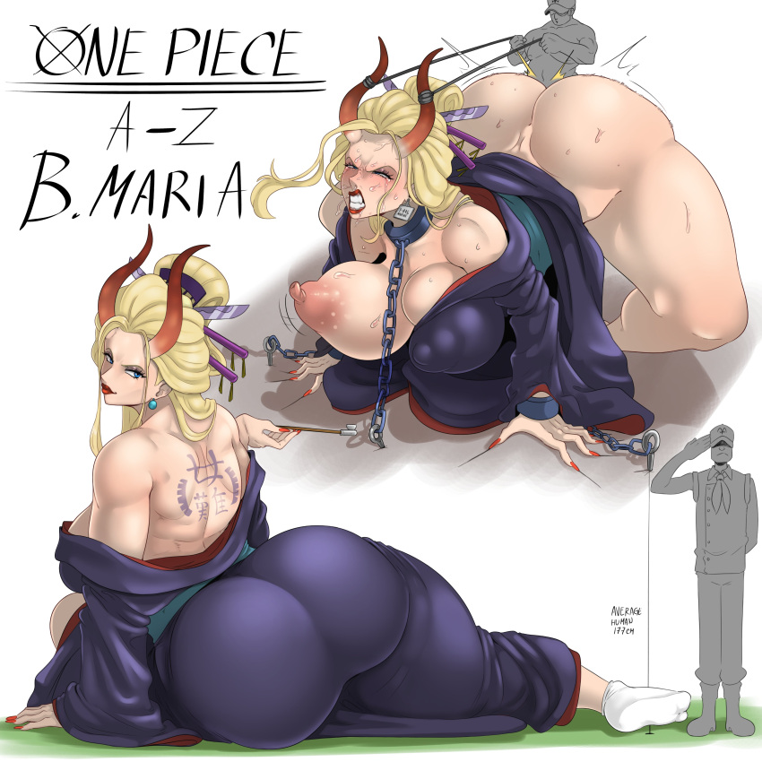 1:1 absurd_res all_fours areola big_breasts big_butt black_maria_(one_piece) bodily_fluids bouncing_breasts bound breasts butt chain chained chained_to_floor clenched_teeth clothed clothing crouching crying doggystyle duo english_text erect_nipples female forced from_behind_position hi_res horn horned_humanoid huge_breasts huge_butt huge_hips human humanoid kemono larger_female lips male male/female mammal nipples one_piece puffy_areola rape restrained restraints sex size_difference skimpy small_dom_big_sub smaller_male sundown_(artist) tears teeth text thick_thighs wide_hips