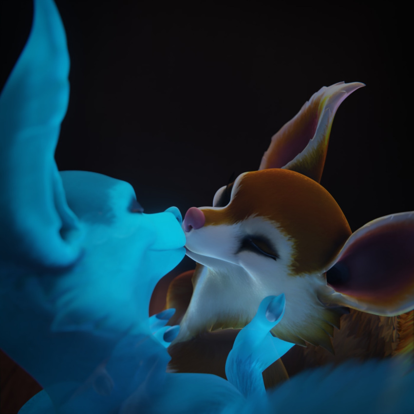 1:1 3d_(artwork) anthro big_ears black_background blue_body claws digital_media_(artwork) dota duo eyes_closed female fingers fur hand_on_face hi_res hoodwink_(dota) illusion kissing makeup mammal nude pink_nose red_body red_fur rodent sciurid simple_background smile source_filmmaker transculent tree_squirrel video_games vlad-lox white_body white_fur