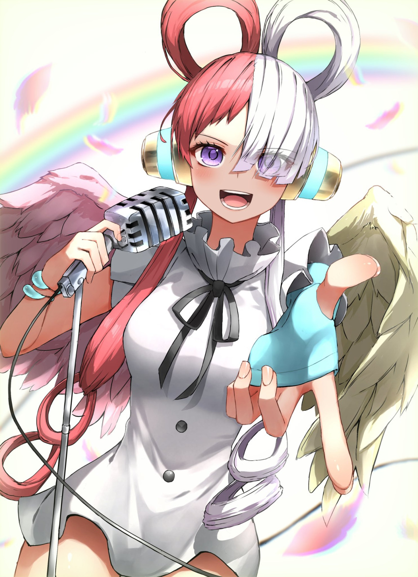 1girl bangs breasts dress eyelashes feathered_wings fingerless_gloves frills gloves hair_over_one_eye headphones highres holding holding_microphone long_hair looking_at_viewer medium_breasts microphone microphone_stand multicolored_hair one_piece:_film_red open_mouth oversized_clothes pepushi_drow purple_eyes red_hair ribbon short_sleeves solo two-tone_hair uta_(one_piece) white_dress white_hair wings