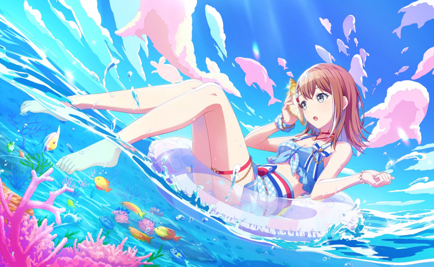 1girl :o air_bubble angelfish bangs bare_legs barefoot blue_sky blue_swimsuit bow bracelet breasts brown_hair bubble caustics chain choker clenched_hand cloud cloudy_sky clover_print collarbone colorful_palette coral_reef day dot_nose fingernails fish fish_hair_ornament fisheye frilled_swimsuit frills full_body glint grey_eyes hair_behind_ear hair_ornament hanasato_minori heart heart_bracelet heart_choker highres holding innertube jewelry knees_together_feet_apart lens_flare looking_afar medium_breasts medium_hair necklace ocean official_art open_mouth outdoors partially_underwater_shot pearl_bracelet pearl_hair_ornament plaid plaid_scrunchie plaid_swimsuit project_sekai red_choker scrunchie seashell shallow_water shell shell_hair_ornament single_horizontal_stripe sky solo striped striped_bow swept_bangs swimsuit thigh_strap waist_bow water wrist_scrunchie