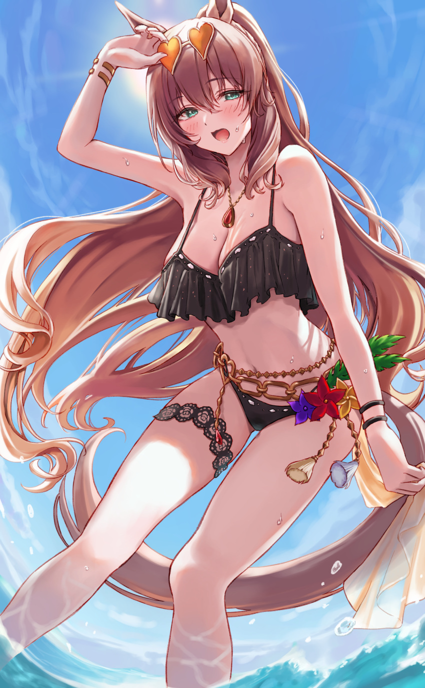 1girl absurdres animal_ears arm_up bangs bikini black_bikini blue_sky blush bracelet breasts brown_hair chain cleavage commentary_request day eyewear_on_head floating_hair frilled_bikini frills green_eyes hair_between_eyes heart heart-shaped_eyewear highres horse_ears horse_girl horse_tail huziko32 jewelry large_breasts long_hair looking_at_viewer maruzensky_(umamusume) necklace open_mouth outdoors sky solo standing sun sunglasses swimsuit tail tassel thigh_strap umamusume very_long_hair water wet