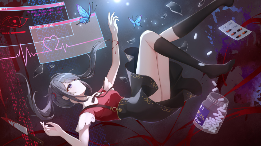 1girl ame-chan_(needy_girl_overdose) black_background black_hair black_ribbon black_skirt black_socks blood blood_on_arm blood_on_knife blue_butterfly bug butterfly falling glass_shards hair_ornament highres kebin_no_shio_amaou kneehighs knife light_particles neck_ribbon needy_girl_overdose pill pill_bottle purple_eyes red_shirt ribbon screen shirt short_sleeves skirt socks solo suspender_skirt suspenders twintails x_hair_ornament