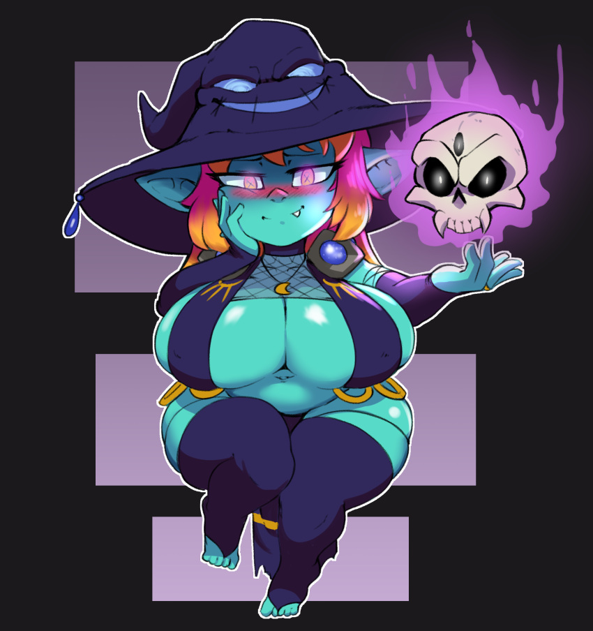 2019 adelia_(changbae) big_breasts blush bone brachyzoid breasts cleavage clothed clothing female goblin hat headgear headwear hi_res huge_breasts humanoid jewelry looking_at_viewer necklace nipple_outline short_stack skimpy skull snaggle_tooth solo thick_thighs witch_hat