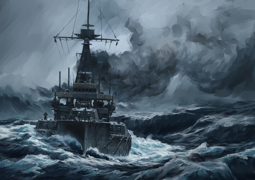 abe_yasushi_(umizoi_tibet) battleship cannon highres hms_dreadnought mast military military_vehicle no_humans ocean original outdoors royal_navy ship smoke turret vehicle_focus warship watercraft waves