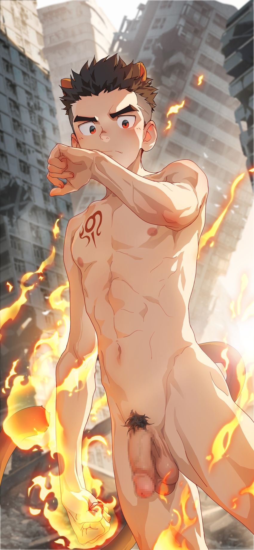 1boy abs absurdres alca_(wakatanka4) animal_ears battle beitemian black_hair blue_sky building censored chest_tattoo city cityscape closed_mouth completely_nude destruction dutch_angle fire flaccid gyee highres jewelry lion_boy lion_ears lion_tail looking_at_hand male_focus male_pubic_hair mosaic_censoring muscular muscular_child navel necklace nipples nude outdoors penis pubic_hair red_eyes rubble short_hair shorts sky skyscraper solo tail tattoo testicles undercut younger