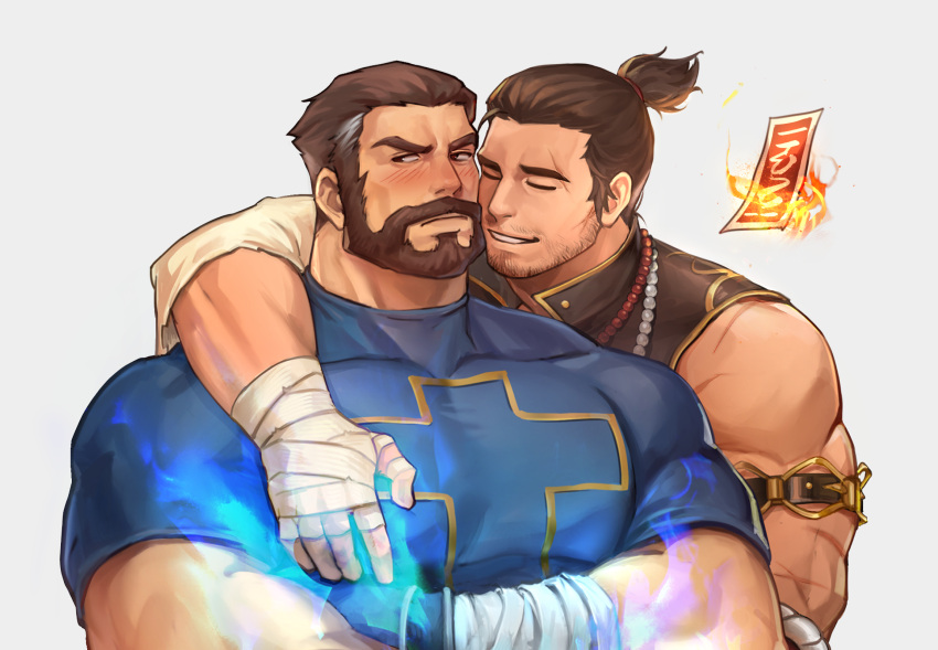 2boys bandages bara beads beard black_tank_top blue_fire blue_shirt blush cheek-to-cheek draconid_(dungeon_and_fighter) exorcist_(dungeon_and_fighter) facial_hair fire hand_on_another's_chest heads_together highres ina_zuma justice_(dungeon_and_fighter) male_focus male_priest_(dungeon_and_fighter) mature_male monk_(dungeon_and_fighter) multicolored_hair multiple_boys muscular muscular_male mustache ponytail priest_(dungeon_and_fighter) rosary shirt sideways_glance smile streaked_hair stubble talisman tank_top tight tight_shirt white_hair yaoi