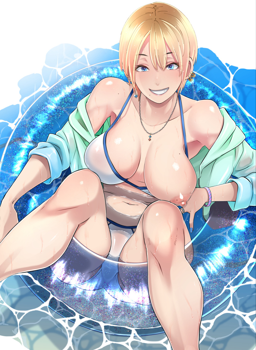 1girl bangle blonde_hair blue_eyes blue_nails bracelet breasts butcha-u commentary_request earrings eyelashes feet_out_of_frame fingernails grin gyaru hair_between_eyes highres innertube jewelry large_breasts looking_at_viewer mismatched_earrings mole mole_on_breast mole_on_shoulder mole_under_eye mole_under_mouth multiple_earrings multiple_moles nail_polish navel necklace nipples off_shoulder one_breast_out open_clothes original partially_submerged ring short_hair smile solo spaghetti_strap swimsuit wet wet_clothes wet_swimsuit white_swimsuit