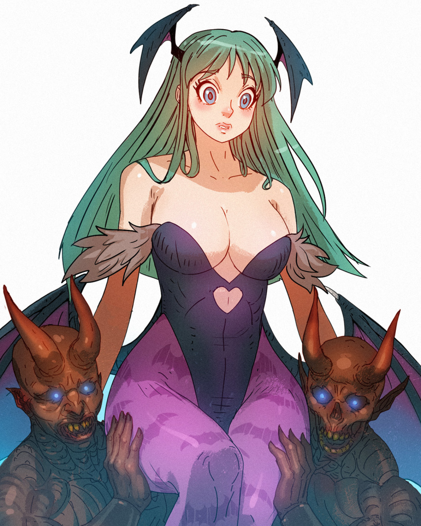 1girl 2boys animal_print bare_shoulders bat_print black_leotard breasts carrying cleavage clothing_cutout collarbone davecavedraws demon demon_girl green_hair head_wings heart_cutout highres large_breasts leotard long_hair morrigan_aensland multiple_boys pantyhose vampire_(game) wings