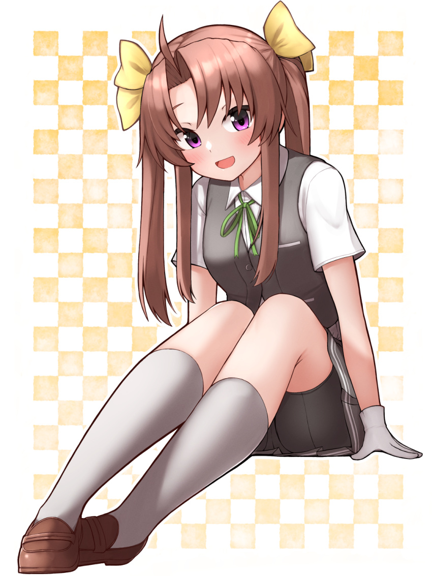 1girl bike_shorts_under_skirt black_shorts black_skirt black_vest blush brown_footwear brown_hair buttons collared_shirt commission full_body green_ribbon hair_ribbon highres kagerou_(kancolle) kantai_collection kneehighs long_hair neck_ribbon open_mouth pleated_skirt purple_eyes ribbon shirt shoes short_sleeves shorts skeb_commission skirt smile socks solo tiemu_(man190) twintails vest white_shirt white_socks yellow_ribbon