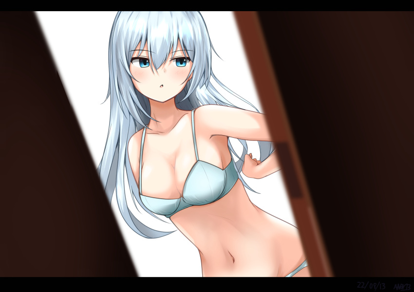 1girl abataa absurdres blue_bra blue_eyes blue_panties bra breasts collarbone dated hair_between_eyes hibiki_(kancolle) highres kantai_collection long_hair navel panties parted_lips peeping signature small_breasts solo underwear upper_body voyeurism white_hair