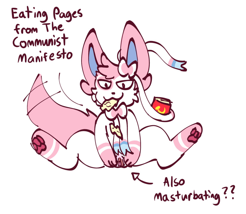 eeveelution female feral food food_in_mouth genitals hi_res jitterclaws looking_at_viewer nintendo pok&eacute;mon pok&eacute;mon_(species) pussy ribbons simple_background snack solo spread_legs spread_pussy spreading sylveon text video_games white_background white_body