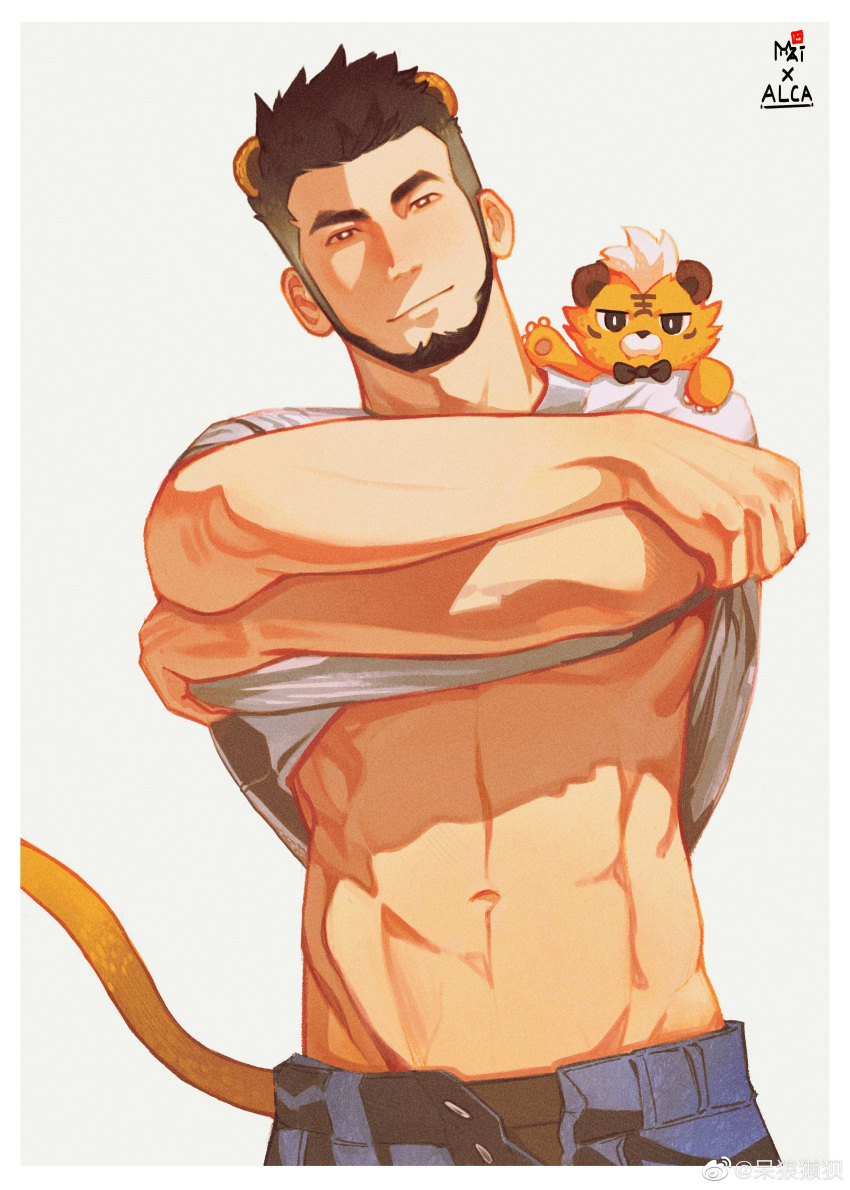 1boy abs absurdres alca_(wakatanka4) animal_ears bara beard black_hair black_male_underwear bright_pupils clothes_lift creature creature_on_shoulder dailang12345 facial_hair gyee head_tilt highres lifted_by_self lion_boy lion_ears lion_tail looking_at_viewer male_focus male_underwear male_underwear_peek mature_male muscular muscular_male navel on_shoulder open_pants original pants seductive_smile shirt shirt_lift short_hair smile solo stomach tail tail_raised thick_eyebrows underpec underwear waving white_shirt