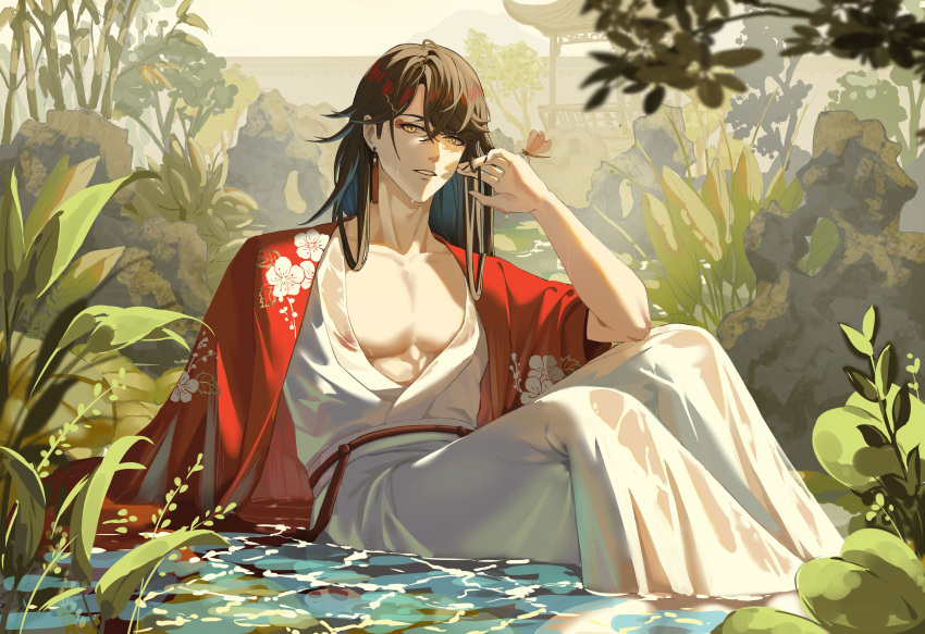 1boy absurdres alternate_costume arm_support black_hair dress highres japanese_clothes jewelry kimono kimono_on_shoulders long_hair makeup male_focus multicolored_hair nijisanji nijisanji_en qiaoqiao461 red_eyeliner red_hair red_kimono see-through see-through_dress solo virtual_youtuber vox_akuma wet wet_clothes yellow_eyes