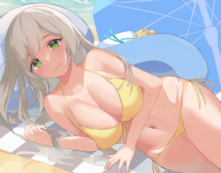 1girl alternate_costume bare_arms bare_shoulders bikini blue_archive breasts cleavage closed_mouth front-tie_bikini front-tie_top green_eyes grey_hair halterneck hat hat_removed headwear_removed large_breasts long_hair looking_at_viewer lying mushpz navel nonomi_(blue_archive) nonomi_(swimsuit)_(blue_archive) official_alternate_costume on_side pillow side-tie_bikini smile solo stomach string_bikini sun_hat swimsuit thighs white_headwear yellow_bikini