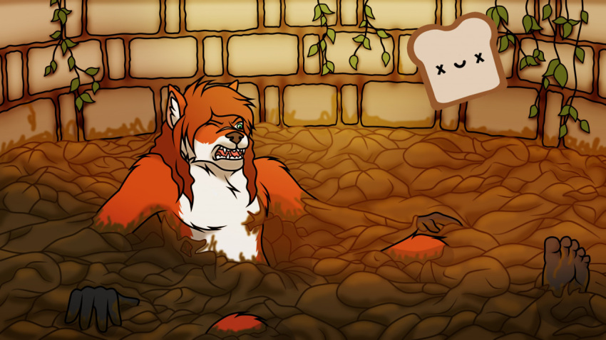 anthro bread canid canine d_kenmason death-toaster detailed_background disgust feces feces_everywhere feces_on_body feces_on_feet feces_on_hand feces_on_leg feces_pool feet filth food fox fur hair inner_ear_fluff long_hair lying_in_feces male mammal orange_body orange_fur red_fox scar scat solo stone_wall teeth tuft vines wall_(structure) white_body white_fur