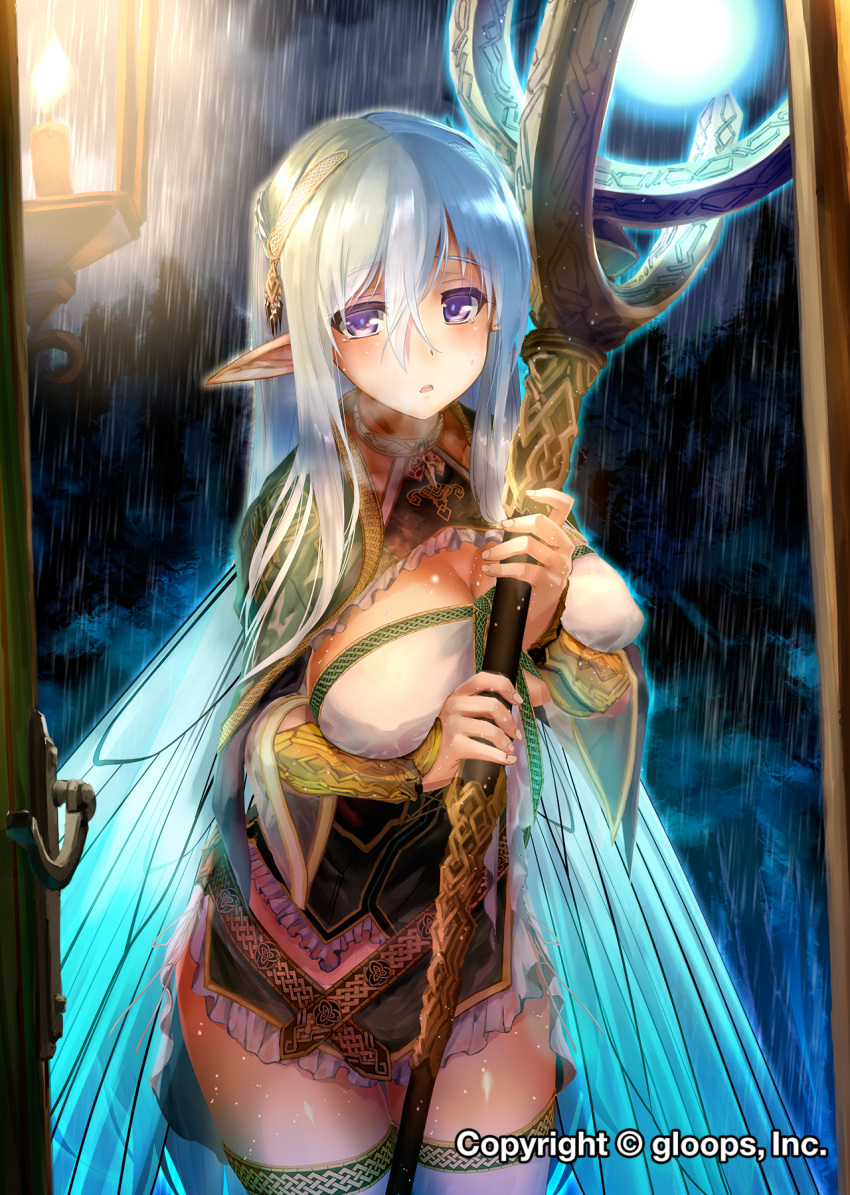 1girl breasts candle cleavage commentary covered_nipples cowboy_shot door dot_nose elf fairy fairy_wings fingernails forehead forest frilled_skirt frills grey_hair hair_between_eyes hair_ornament highres holding holding_staff kiryuu_takahisa lamppost large_breasts long_hair nature official_art open_mouth original outdoors parted_lips pointy_ears purple_eyes rain shiny shiny_skin skirt solo staff thighhighs wet wet_clothes wings