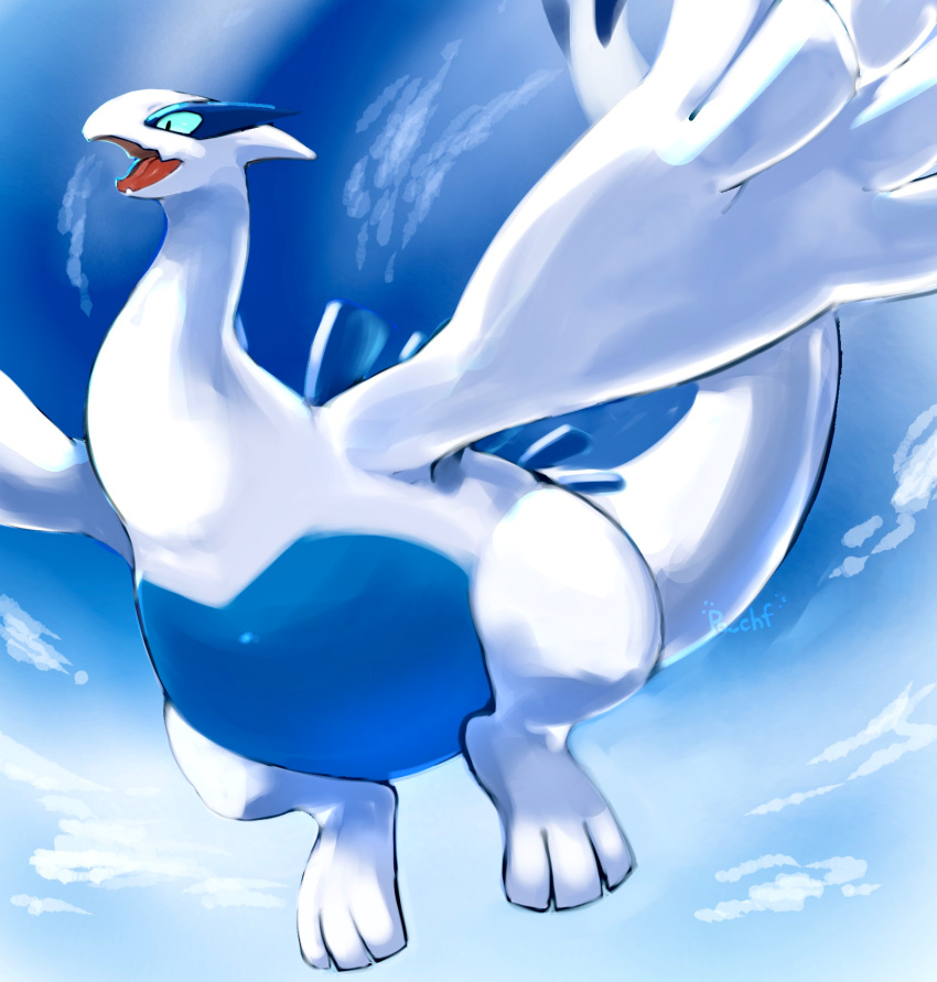 2020 ambiguous_gender avian belly big_hands blue_belly cloud detailed_background feral flying hi_res legendary_pok&eacute;mon long_neck lugia multicolored_body nintendo open_mouth po_chf pok&eacute;mon pok&eacute;mon_(species) signature sky solo tongue two_tone_body video_games white_body