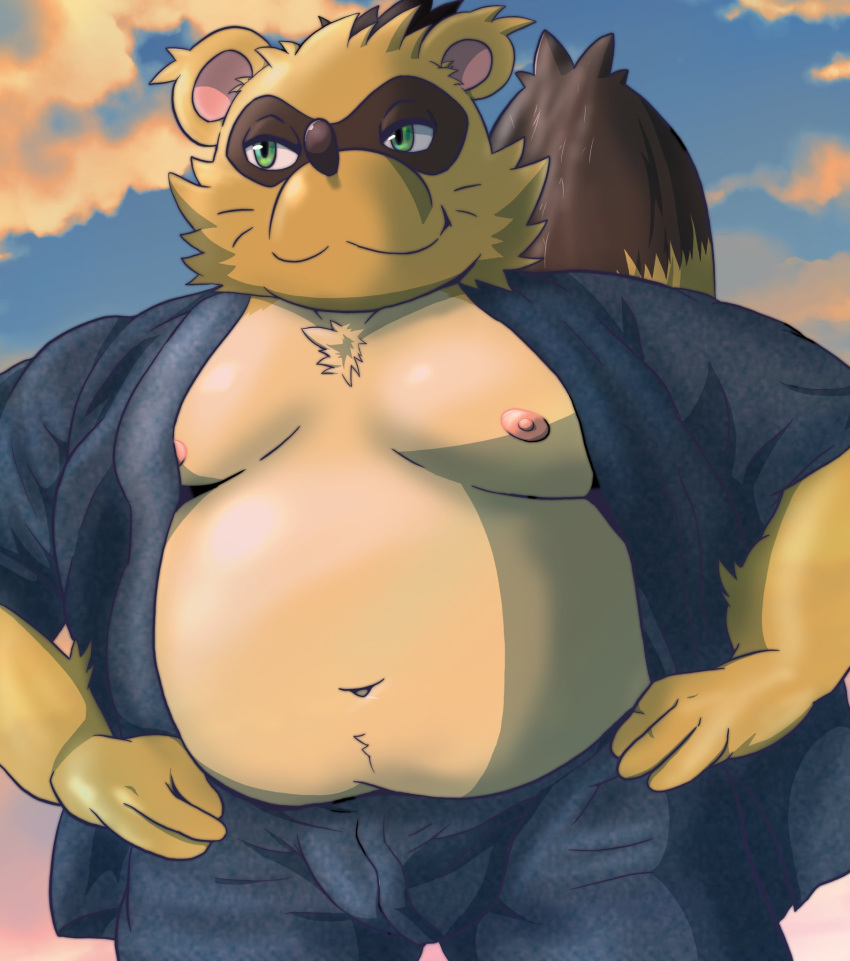 2022 anthro belly big_belly bottomwear bulge canid canine clothed clothing cloud green_eyes hi_res humanoid_hands kemono male mammal moobs navel nipples open_clothing open_shirt open_topwear outside overweight overweight_male pants raccoon_dog sengoku_puzzle shirt solo tanuki tokugawa_ieyasu topwear video_games yom_mido_plus