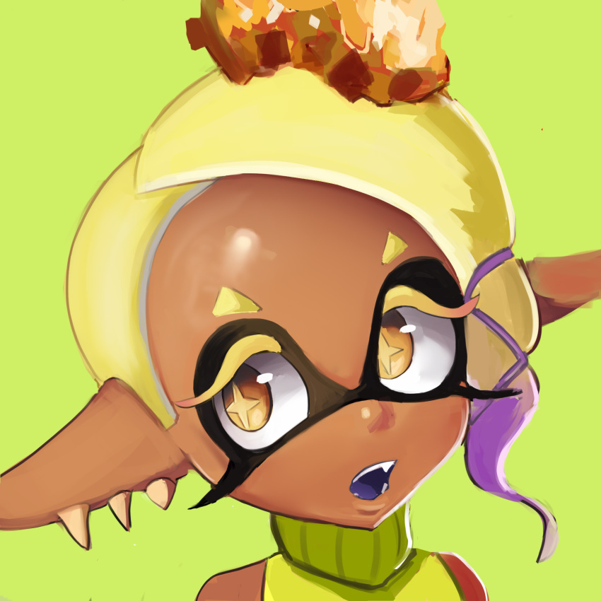 animal_humanoid blonde_hair cephalopod cephalopod_humanoid clothed clothing cranihum dark_body dark_skin female frye_(splatoon) hair hi_res humanoid humanoid_pointy_ears inkling looking_aside marine marine_humanoid mollusk mollusk_humanoid nintendo open_mouth pseudo_hair simple_background solo splatoon tentacle_hair tentacles video_games