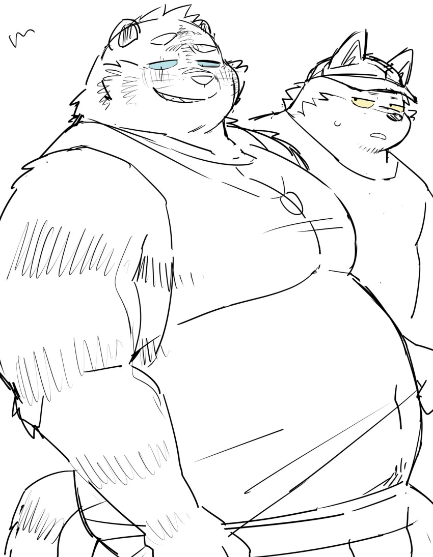 2022 anthro belly big_belly blush bodily_fluids canid canine clothing duo felid hat headgear headwear hi_res kemono male mammal navel overweight overweight_male shirt sweat topwear uokkom