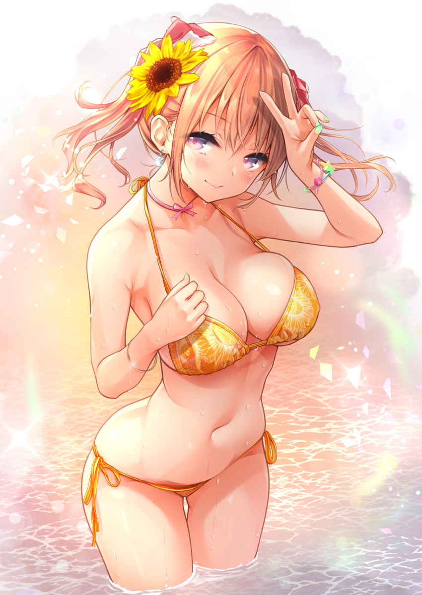 1girl bangs bare_shoulders bikini blonde_hair blush bracelet breasts cleavage closed_mouth collarbone flower hair_flower hair_ornament hand_on_own_chest harino646 highres jewelry large_breasts long_hair looking_at_viewer nail_polish navel neck_ribbon ocean original outdoors purple_eyes ribbon side-tie_bikini smile solo standing sunflower swimsuit twintails v wading water wet yellow_bikini