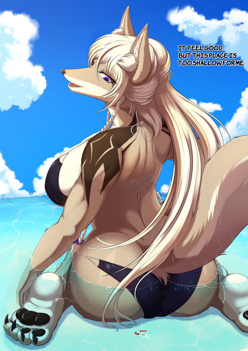 2022 absurd_res anthro bikini boat butt camel_toe canid canine claws clothing cloud countershading dialogue digital_media_(artwork) english_text eyebrows eyelashes female fur hair hi_res inner_ear_fluff long_hair looking_back macro mammal motorboat_(boat) open_mouth outside partially_submerged pawpads rear_view son2j swimwear text toe_claws tuft vehicle water watercraft