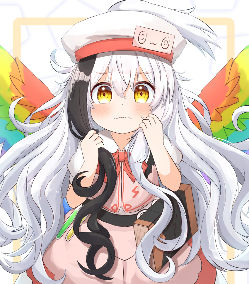 1girl alternate_hair_length alternate_hairstyle bangs belt black_hair blush book collared_dress coruthi dress feathered_wings hat highres holding holding_hair hollow_song_of_birds long_hair looking_at_viewer multicolored_hair neck_ribbon rainbow_wings ribbon solo sweat torisumi_horou touhou two-tone_hair very_long_hair wavy_mouth white_hair wings yellow_eyes