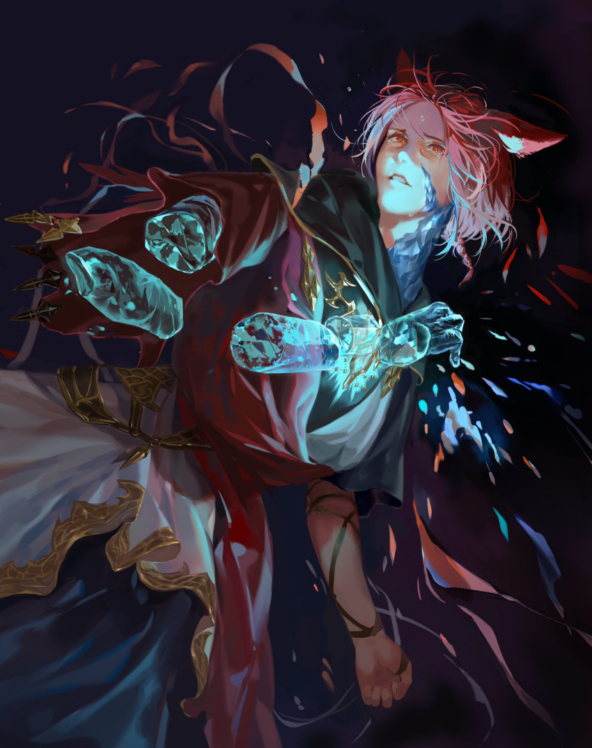 1boy animal_ear_fluff animal_ears black_robe blue_background braid braided_ponytail cat_ears cowboy_shot crying crying_with_eyes_open crystal crystal_exarch crystallization dutch_angle facial_mark final_fantasy final_fantasy_xiv glowing highres hood hood_down hooded_robe kyukyu19 light_particles looking_at_viewer low_ponytail male_focus miqo'te parted_lips red_eyes red_hair robe severed_limb shattered short_hair short_ponytail solo tears toga