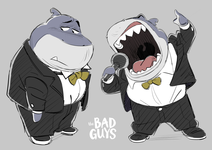 absurd_res anthro belly bottomwear bow_tie chibetto clothing concept_art countershading dreamworks fish hi_res male marine microphone mr._shark_(the_bad_guys) official_art overweight overweight_male pants shark shirt simple_background solo suit the_bad_guys topwear