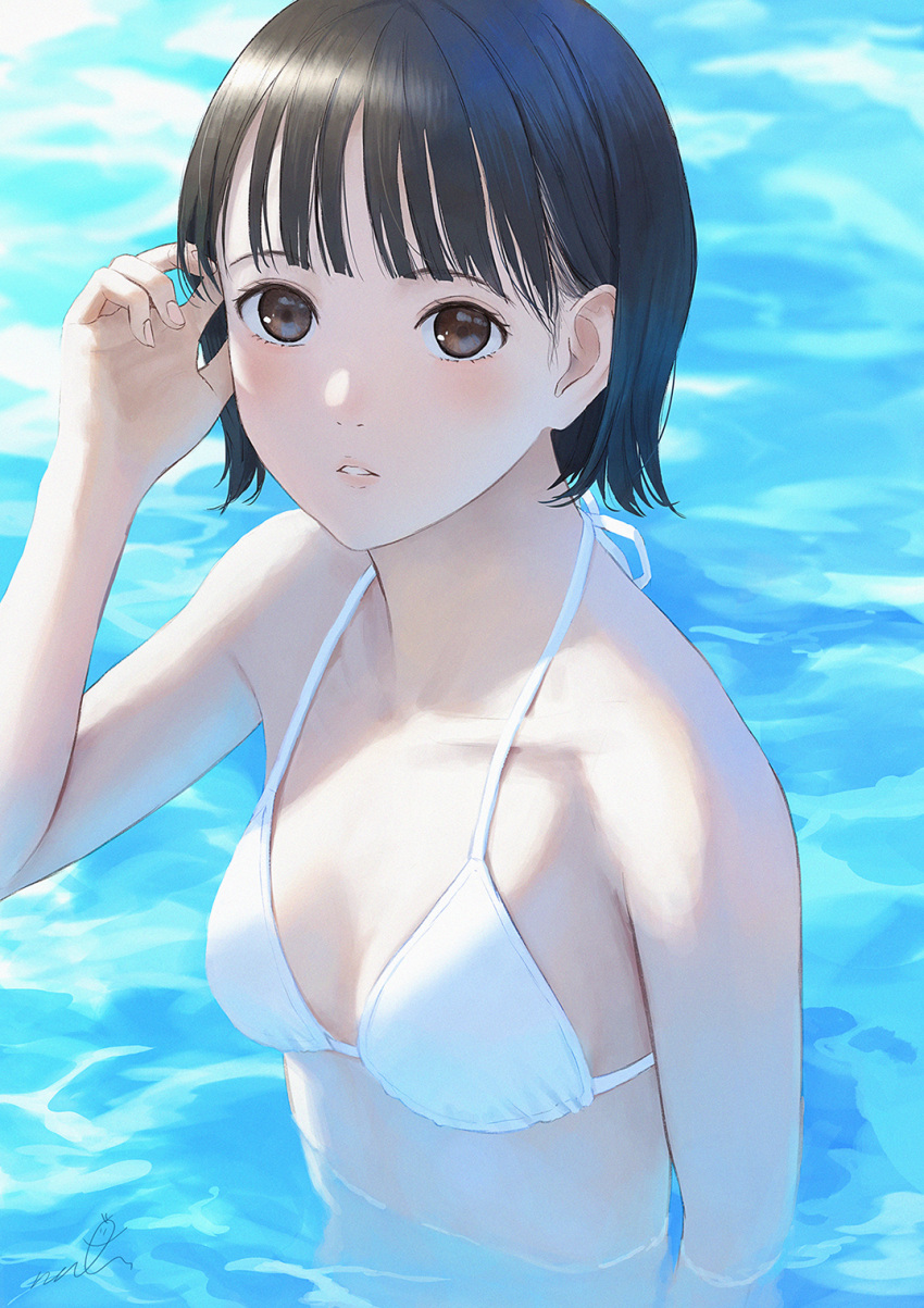 1girl bangs bikini black_hair blush breasts brown_eyes collarbone highres long_hair looking_at_viewer medium_breasts original papi_(papiron100) parted_lips short_hair solo standing standing_on_liquid sunlight swimsuit water white_bikini