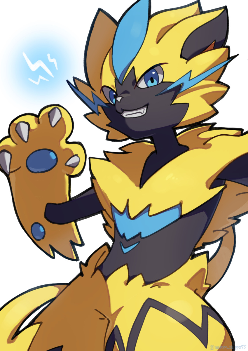 2022 ambiguous_gender angry_eyes anthro big_hands black_body black_ears black_fur black_skin blue_body blue_eyes blue_fur blue_pawpads blue_paws blue_skin claws detailed electricity fangs featureless_crotch felid feline fur glistening glistening_body glistening_eyes glistening_thighs happy hi_res legendary_pok&eacute;mon lightning_bolt long_tail looking_at_viewer mammal multicolored_body multicolored_ears multicolored_fur multicolored_skin nekono_shippo75 nintendo nude orange_ears pawpads paws pok&eacute;mon pok&eacute;mon_(species) portrait pose raised_arm shadow sharp_claws sharp_teeth simple_background smile smiling_at_viewer solo standing teeth thick_thighs toony video_games white_background white_nose yellow_body yellow_fur yellow_tail zeraora