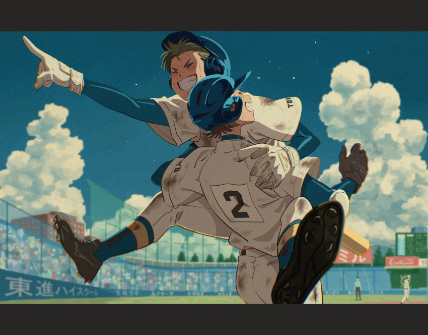 2boys ace_of_diamond baseball_helmet baseball_jersey baseball_uniform black_gloves blue_headwear blurry blurry_background brown_hair cleats closed_eyes cloud crowd dangomochi2 day dirty dirty_clothes gloves green_hair grin helmet highres kuramochi_youichi miyuki_kazuya multiple_boys outdoors pants pointing shirt short_hair smile sportswear white_gloves white_pants white_shirt