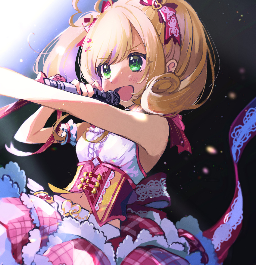 1girl :d armband back_bow bangs belt blonde_hair blush bow buckle center_frills corset dress frilled_armband frills green_eyes hair_ribbon heart heart-shaped_buckle highres holding holding_microphone idol idolmaster idolmaster_cinderella_girls idolmaster_cinderella_girls_starlight_stage lace-trimmed_skirt lace_trim mameyanagi microphone midriff navel open_mouth outstretched_arm ribbon sato_shin skirt sleeveless sleeveless_dress smile solo twintails v-shaped_eyebrows