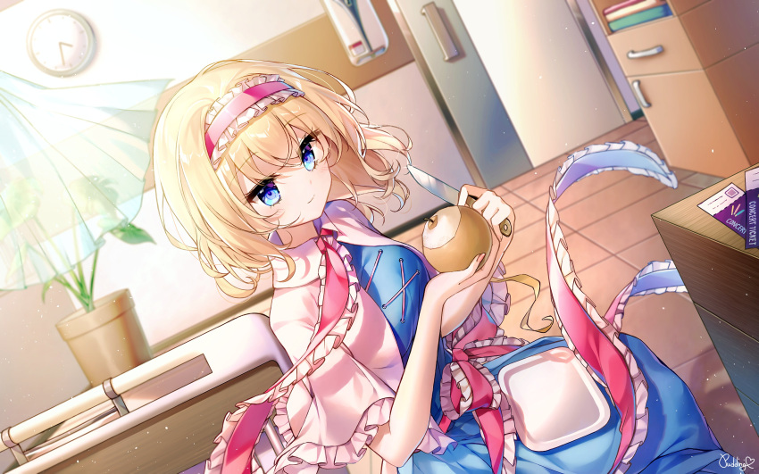 1girl absurdres alice_margatroid artist_name blonde_hair blue_dress blue_eyes blush capelet clock closed_mouth commission dress food fruit hairband highres holding holding_food holding_fruit holding_knife knife lolita_hairband pear pudding_(skymint_028) red_hairband short_hair signature smile solo touhou wall_clock white_capelet