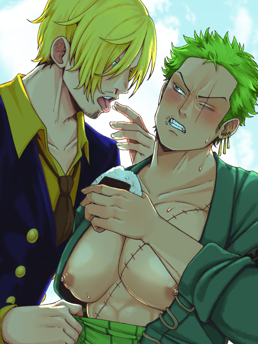 2boys bangs bara bare_pectorals blonde_hair blush clenched_teeth earrings facial_hair food green_hair green_kimono highres holding holding_food japanese_clothes jewelry kimono large_pectorals looking_at_another male_focus multiple_boys muscular muscular_male nipples niusesabe open_clothes open_kimono open_mouth pectorals scar scar_across_eye scar_on_chest scar_on_face short_hair teeth tongue tongue_out yaoi