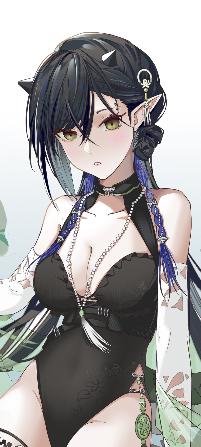 1girl absurdres arknights bangs bare_shoulders black_hair black_swimsuit blacknight_(arknights) blacknight_(summer_flowers)_(arknights) detached_sleeves grey_eyes groin highres horns lengdongku_cc long_hair looking_at_viewer one-piece_swimsuit parted_lips pointy_ears solo swimsuit upper_body very_long_hair