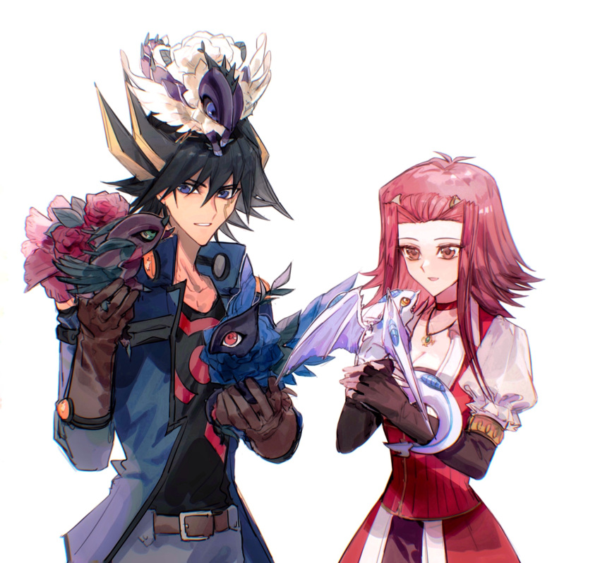 1boy 1girl belt black_hair blonde_hair blue_eyes blue_rose_dragon breasts brown_eyes brown_gloves choker cleavage collarbone dragon dragon_on_head dress duel_monster fingerless_gloves fudou_yuusei gloves highres izayoi_aki jacket jewelry juliet_sleeves long_sleeves multicolored_hair naoki_(2rzmcaizerails6) necklace open_clothes open_jacket parted_lips puffy_sleeves red_hair red_rose_dragon simple_background stardust_wurm streaked_hair two-tone_hair white_background white_rose_dragon yu-gi-oh! yu-gi-oh!_5d's