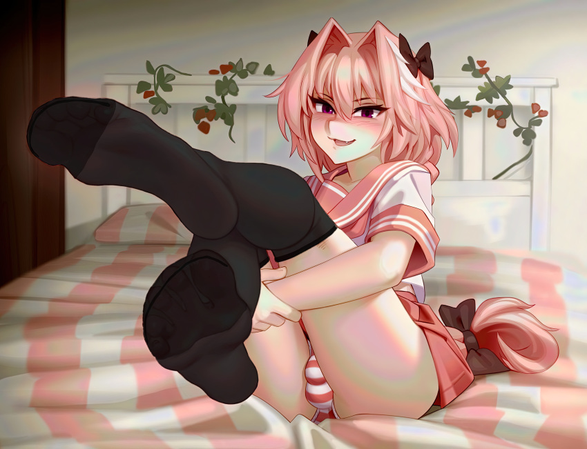 1boy absurdres astolfo_(fate) astolfo_(sailor_paladin)_(fate) black_bow black_thighhighs blouse blush bow bulge fang fate/grand_order fate_(series) feet foot_focus hair_between_eyes hair_bow hair_intakes highres indoors kairunoburogu legs_up long_hair looking_at_viewer male_focus multicolored_hair non-web_source on_bed otoko_no_ko panties pink_hair pink_sailor_collar pink_skirt purple_eyes sailor_collar school_uniform serafuku shirt short_sleeves sitting skirt socks soles solo streaked_hair striped striped_panties thighhighs third-party_edit toes underwear very_long_hair white_hair white_shirt