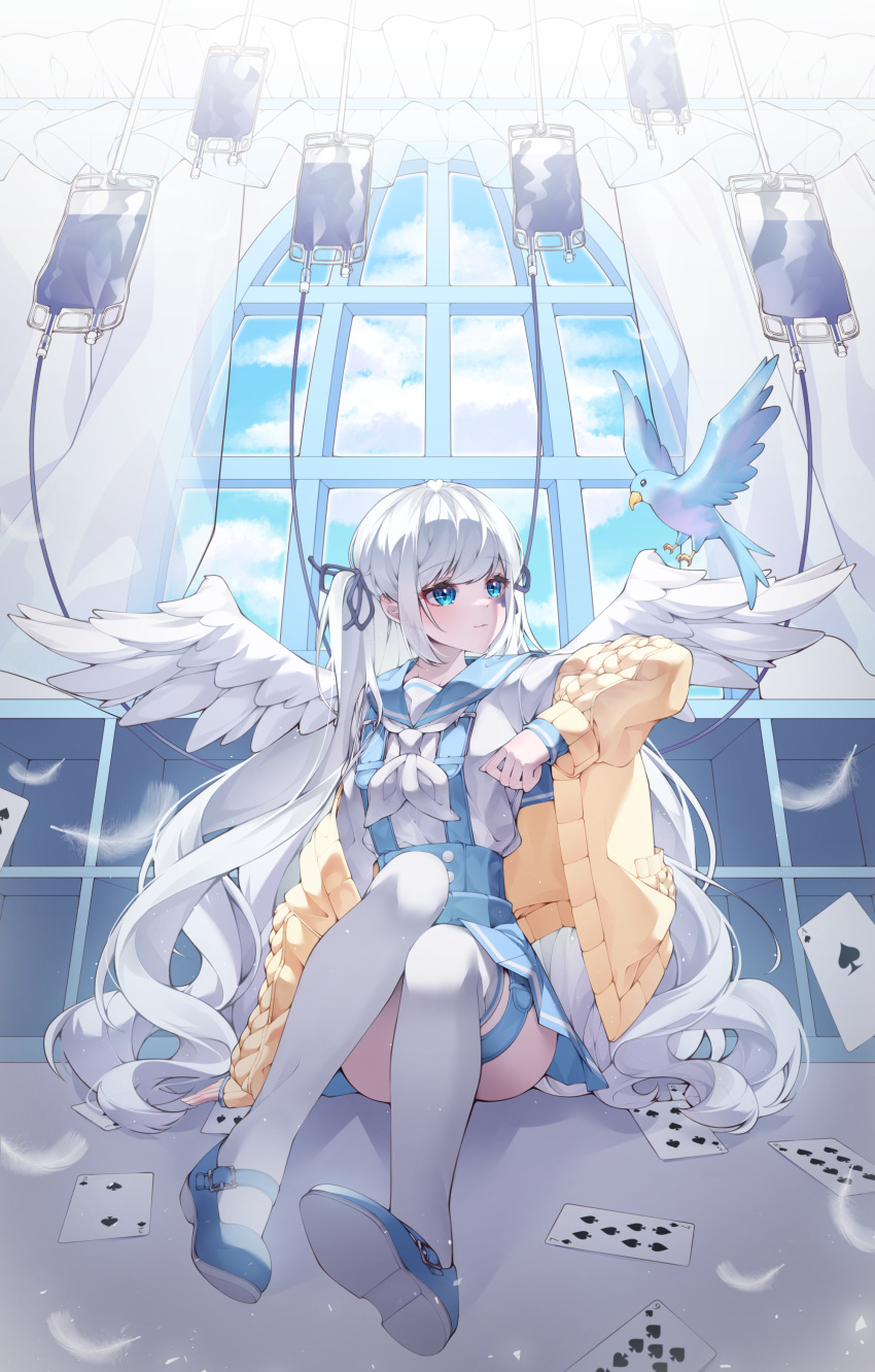 1girl absurdres angel_wings aqua_eyes bangs beak blue_bird blue_ribbon blue_sky bookshelf buttons card character_request closed_mouth cloud cloudy_sky copyright_request drill_hair falling_feathers feathers hair_ribbon highres hyunnim01 indoors intravenous_drip knees_up long_hair long_sleeves looking_to_the_side mary_janes neckerchief overalls playing_card ribbon shirt shoes sidelocks sitting sky solo thigh_strap thighhighs twintails vignetting white_feathers white_hair white_neckerchief white_shirt white_thighhighs window wings
