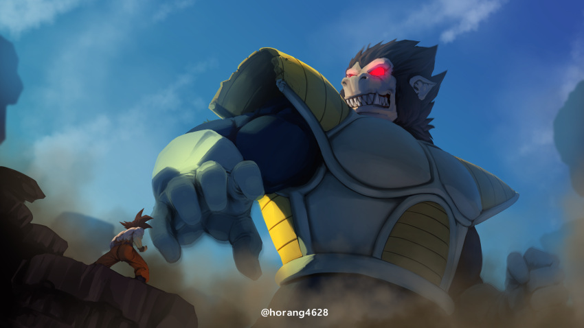 2boys absurdres blue_sky dragon_ball dragon_ball_z giant giant_male gloves glowing glowing_eyes highres horang4628 male_focus multiple_boys oozaru red_eyes saiyan_armor sky son_goku spiked_hair topless_male torn_clothes vegeta wasteland white_gloves
