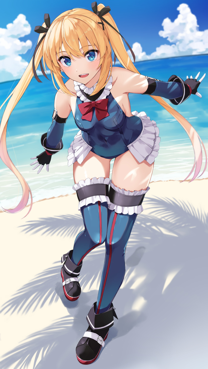 1girl absurdres beach black_ribbon blonde_hair blue_eyes blue_sky blue_swimsuit blue_thighhighs boots breasts cloud cloudy_sky commentary day dead_or_alive dead_or_alive_5 elbow_gloves frilled_swimsuit frilled_thighhighs frills full_body gloves hair_between_eyes hair_ornament hair_ribbon highleg highleg_swimsuit highres latex latex_leotard leotard long_hair marie_(pixiv31942978) marie_rose nontraditional_school_swimsuit one-piece_swimsuit ribbon sand school_swimsuit shadow sky small_breasts smile solo swimsuit thighhighs tree twintails water x_hair_ornament