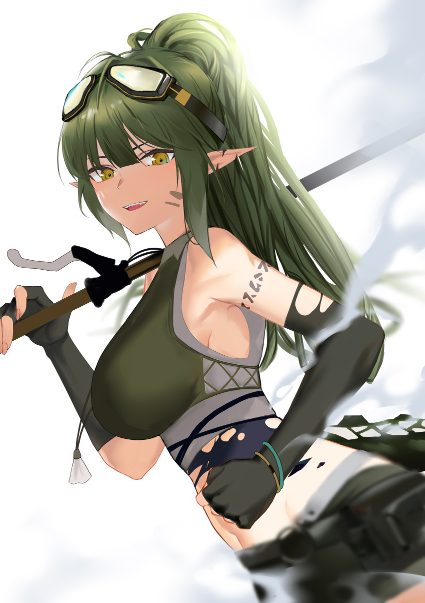 1girl :d absurdres arknights bangs bare_shoulders black_gloves breasts crocodilian_tail crop_top elbow_gloves fingerless_gloves gavial_(arknights) gavial_the_invincible_(arknights) gloves goggles goggles_on_head green_hair green_shirt highres large_breasts long_hair looking_at_viewer midriff navel open_mouth pointy_ears ponytail shirt sidelocks simple_background sleeveless sleeveless_shirt smile solo stomach tail upper_body white_background xiaobei yellow_eyes