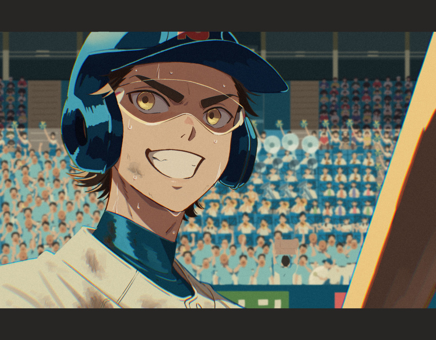 1boy ace_of_diamond band baseball_bat baseball_helmet baseball_jersey blue_headwear blurry blurry_background brown_hair crowd dangomochi2 dirty dirty_clothes dirty_face grin helmet highres looking_at_viewer male_focus miyuki_kazuya ouendan outdoors pom_pom_(cheerleading) smile solo_focus stadium sweat upper_body yellow_eyes