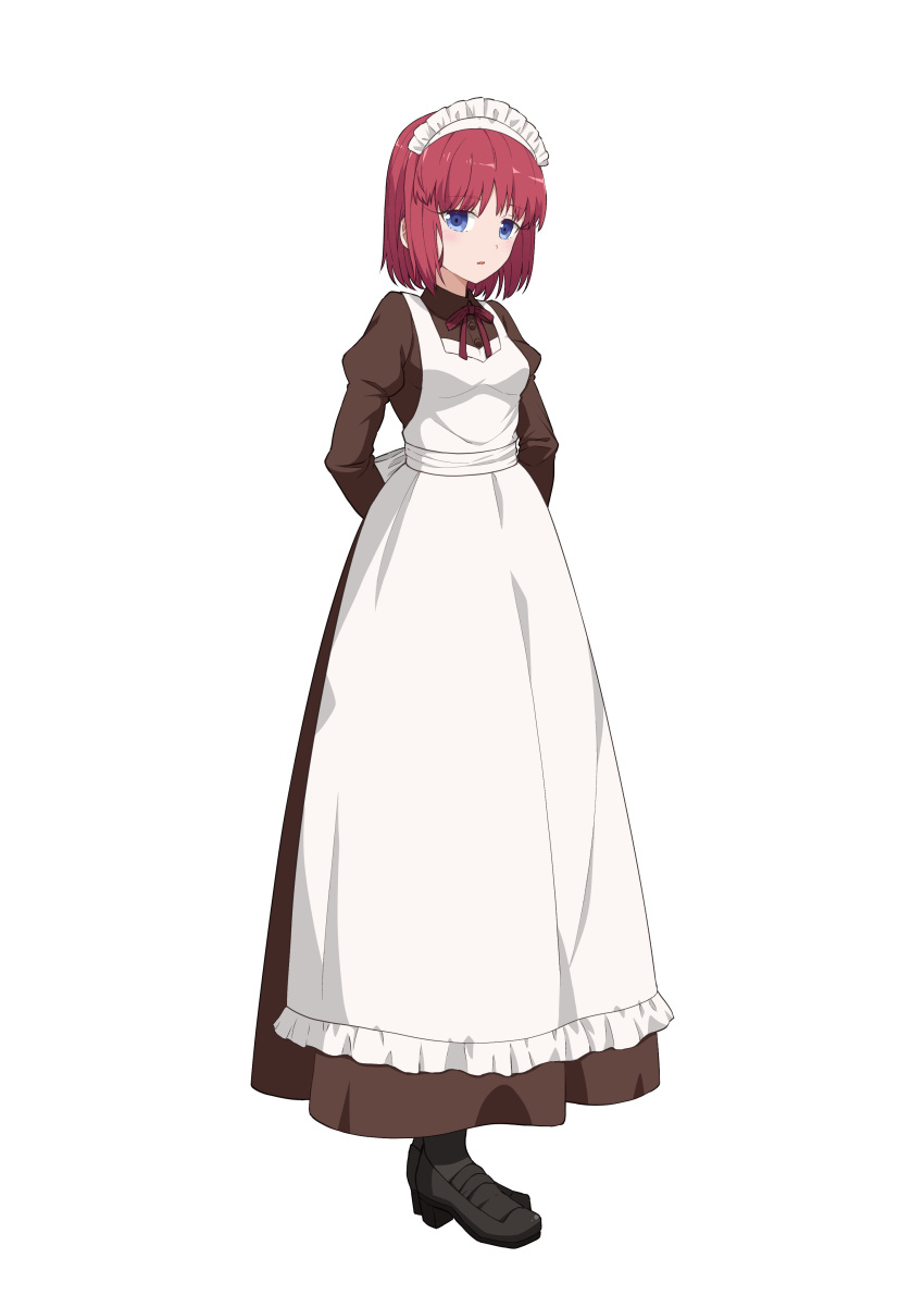 1girl absurdres apron arms_behind_back azami_masurao bangs black_footwear blue_eyes full_body high_heels highres hisui_(tsukihime) juliet_sleeves long_sleeves looking_at_viewer maid maid_headdress open_mouth pink_hair puffy_sleeves short_hair simple_background solo standing tsukihime white_apron white_background